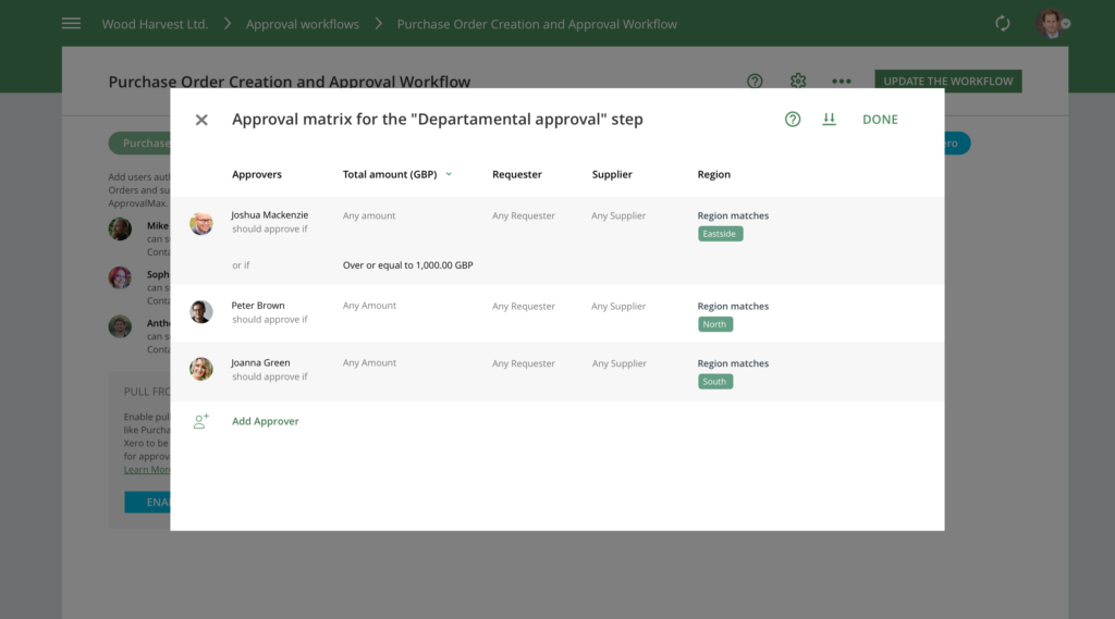 ApprovalMax screenshot: Approval matrix for the "Departmental approval" step