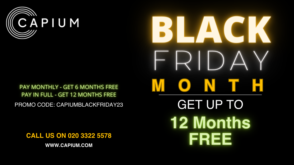 Capium is offering up to 12 months free for Black Friday logo